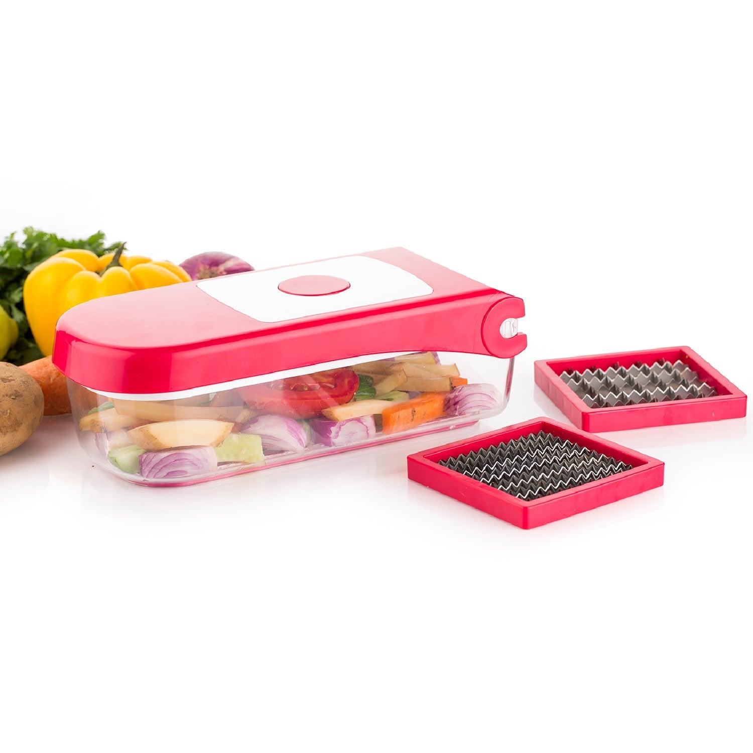 Ganesh plastic chopper, red, for vegetables and fruits, shown from various angles. Ganesh plastic chopper, red, for vegetables and fruits, shown from various angles.